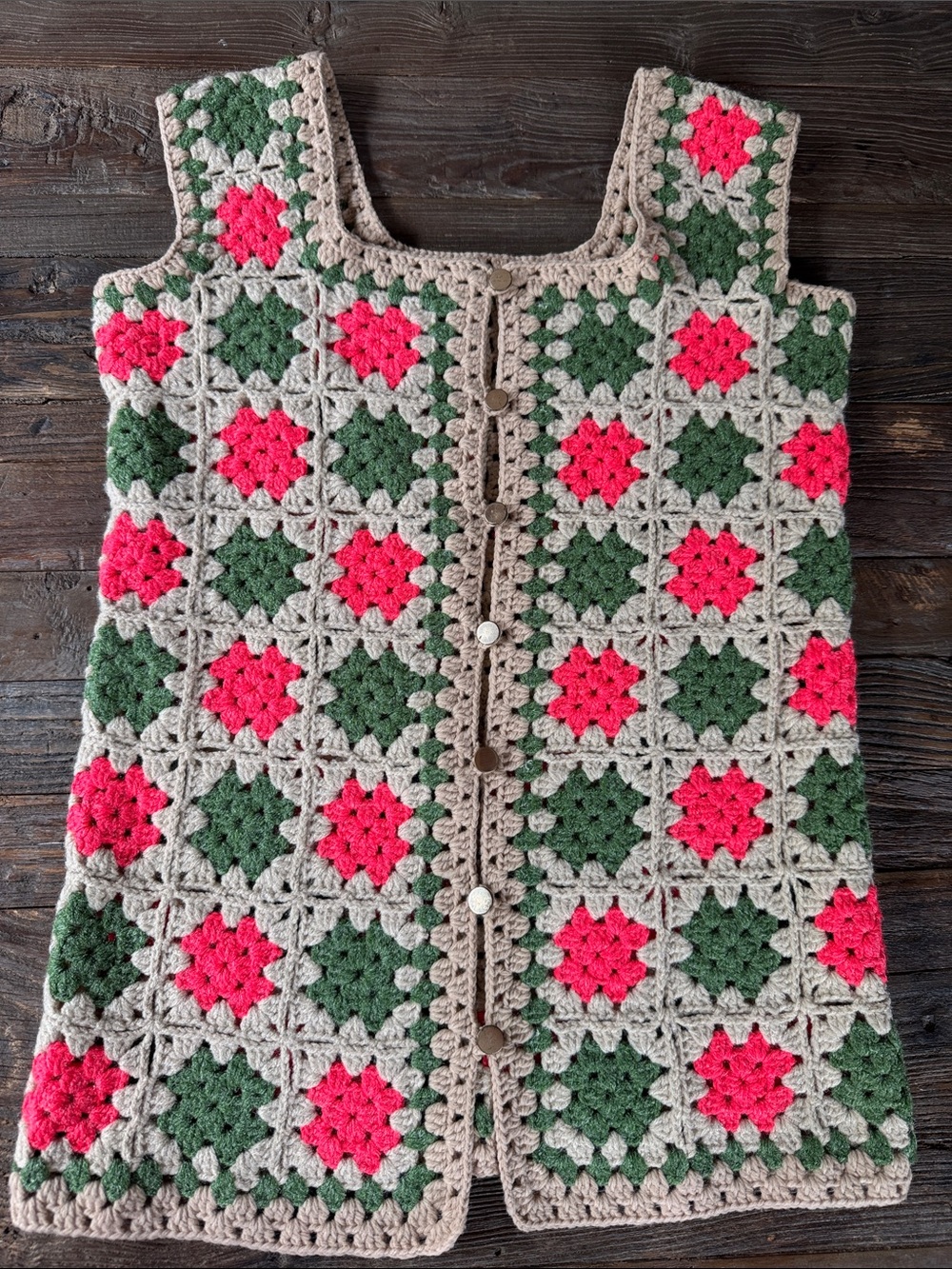 Vintage hand knit boho granny Square, long sweater vest, neon pink and green S/M - Picture 8 of 9